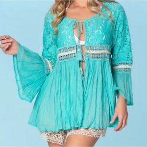ranees lace boho top Aqua blue Cover Up Sexy Sz‎ S